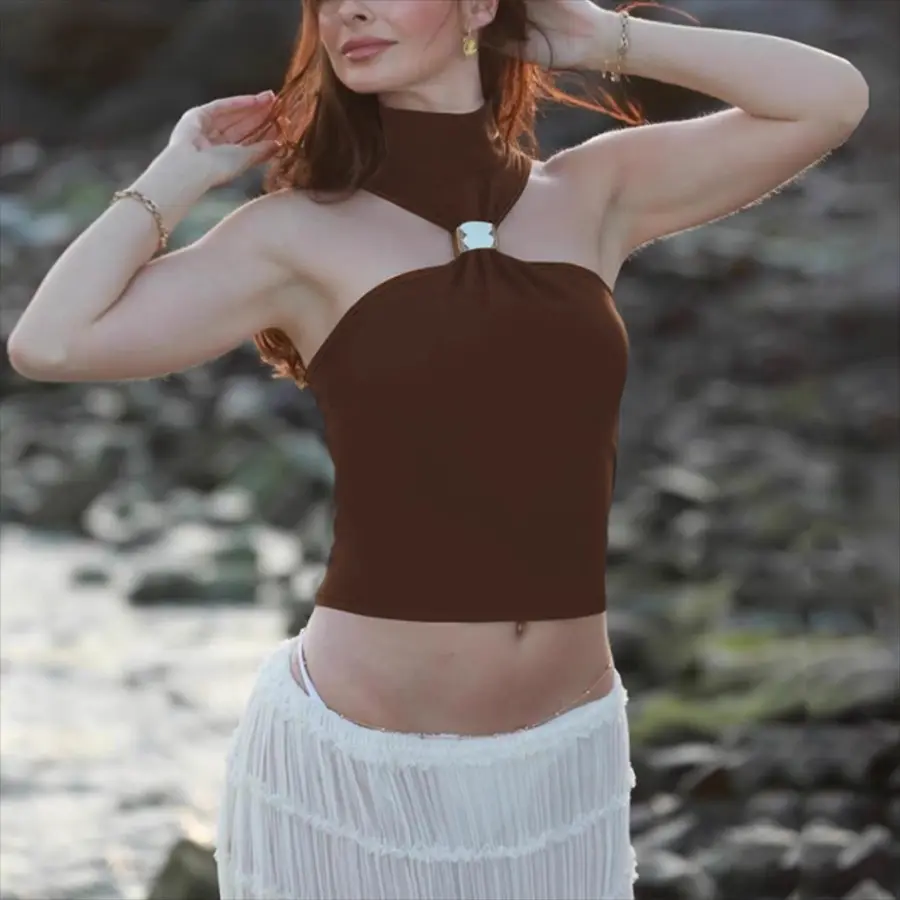 Sexy Backless Metal Ring Halter Women Top Black Hollow Out Off Shoulder Crop Vest Female Summer Slim Elegant Streetwear