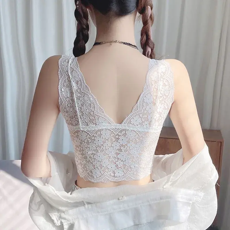 Lace Bras Top Women Sexy Deep V Neck Lingerie Wire Free Tank Tops Female Underwear V Back Bralette Tops Padded Camisole