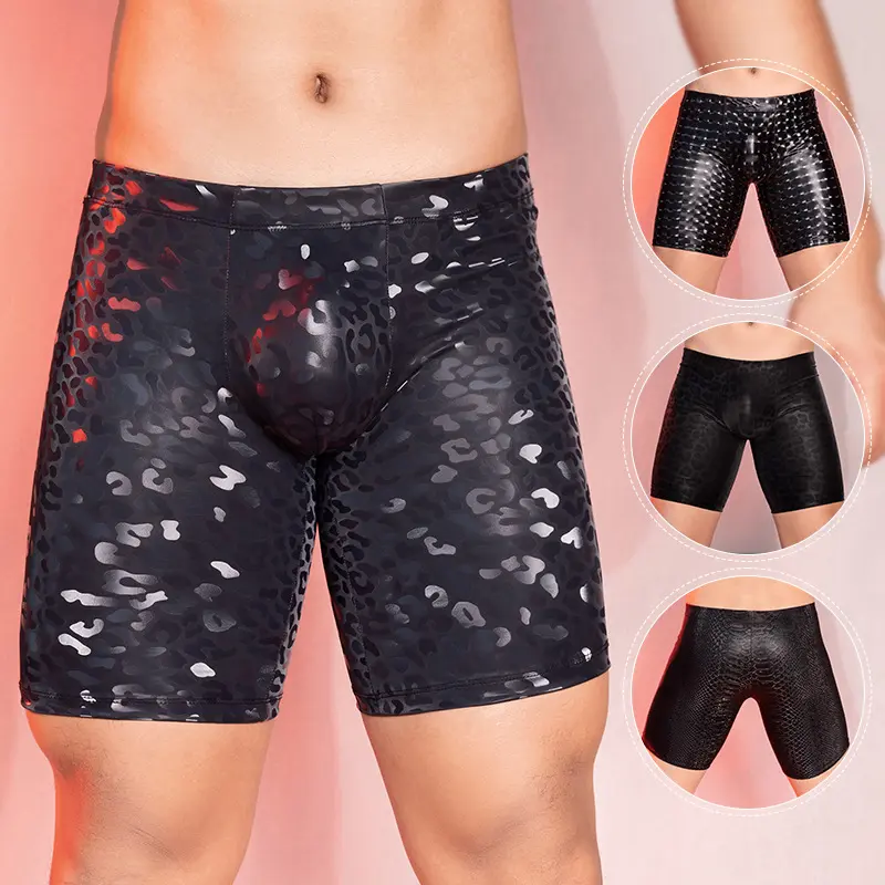 Sexy PU Shorts Leopard Print Pants Men Clothing Tights Male Clothes U Bulge Pouch Pants Shorts Gym Boxer Man Shapewear Lift Butt