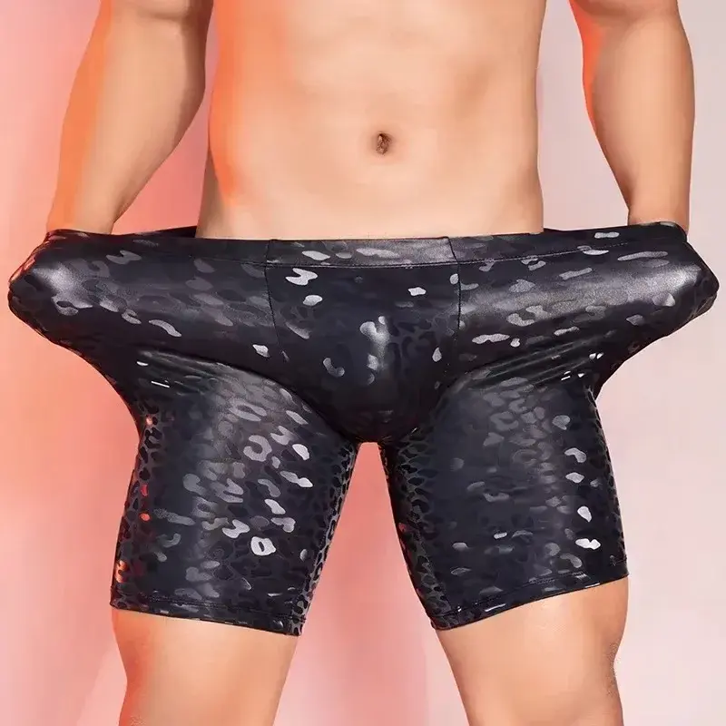 Sexy PU Shorts Leopard Print Pants Men Clothing Tights Male Clothes U Bulge Pouch Pants Shorts Gym Boxer Man Shapewear Lift Butt