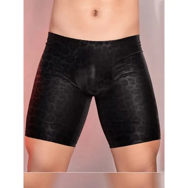 Sexy PU Shorts Leopard Print Pants Men Clothing Tights Male Clothes U Bulge Pouch Pants Shorts Gym Boxer Man Shapewear Lift Butt
