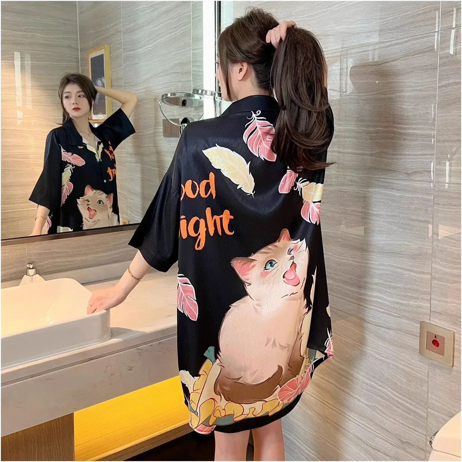 Summer New Women Short sleeve Ice Silk Sleep Dress Nightgown Plus Size 4XL Pajamas Shirt Fashion Sundress Loose Home Clothes