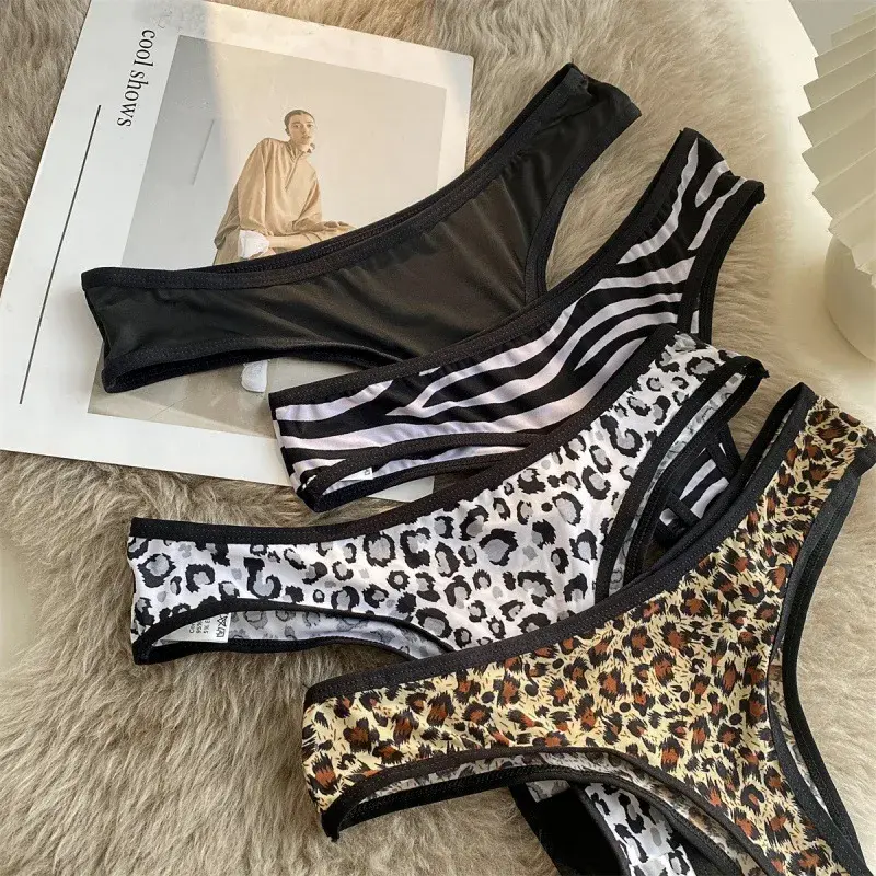 Sexy Leopard Printed Cross Belt Underwear Women Low Waist Lace Bow Panties Transparent Seamless Briefs for Female