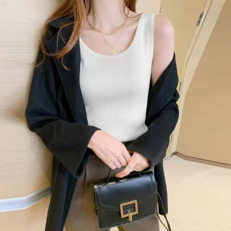 Summer Basic Knitted Tank Top Solid Color Round Neck Crop Tops Women Sexy Sleeveless Camisole T-Shirt Girls Streetwear Tees