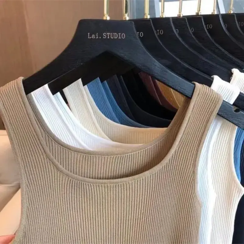 Summer Basic Knitted Tank Top Solid Color Round Neck Crop Tops Women Sexy Sleeveless Camisole T-Shirt Girls Streetwear Tees