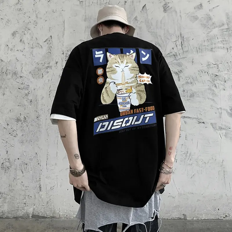Harajuku Cat Cartoon Eating Noodles Graphic Men Women Tshirts Casual Short Sleeve Tees Japan Style Oversized T Shirt Clothing