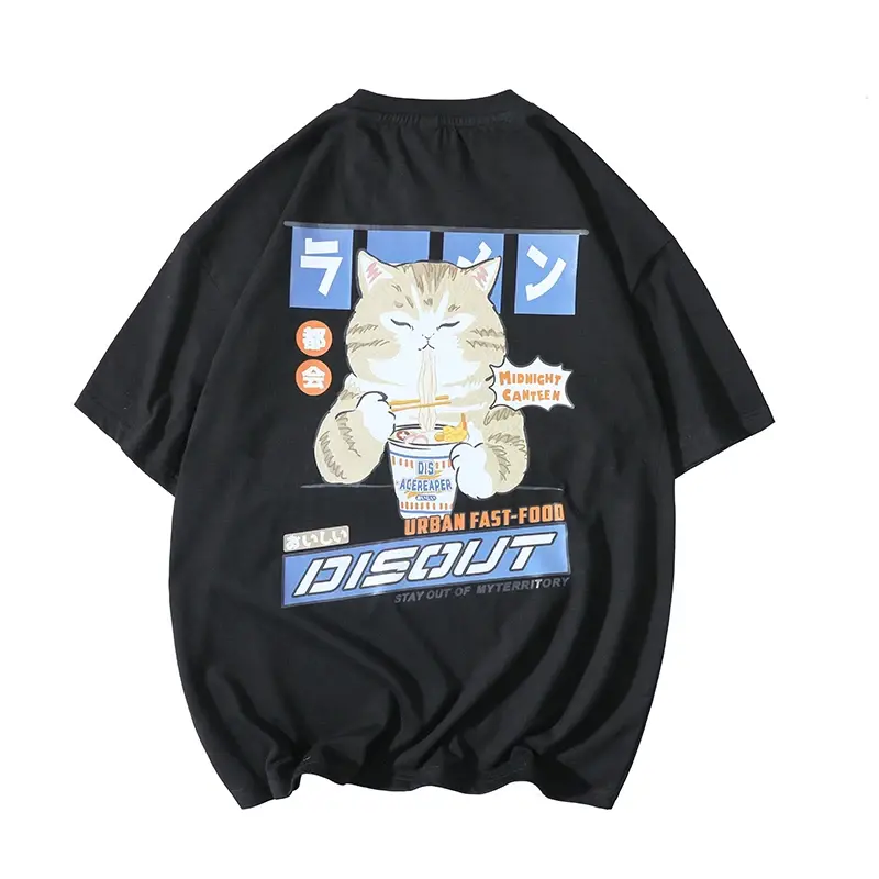 Harajuku Cat Cartoon Eating Noodles Graphic Men Women Tshirts Casual Short Sleeve Tees Japan Style Oversized T Shirt Clothing