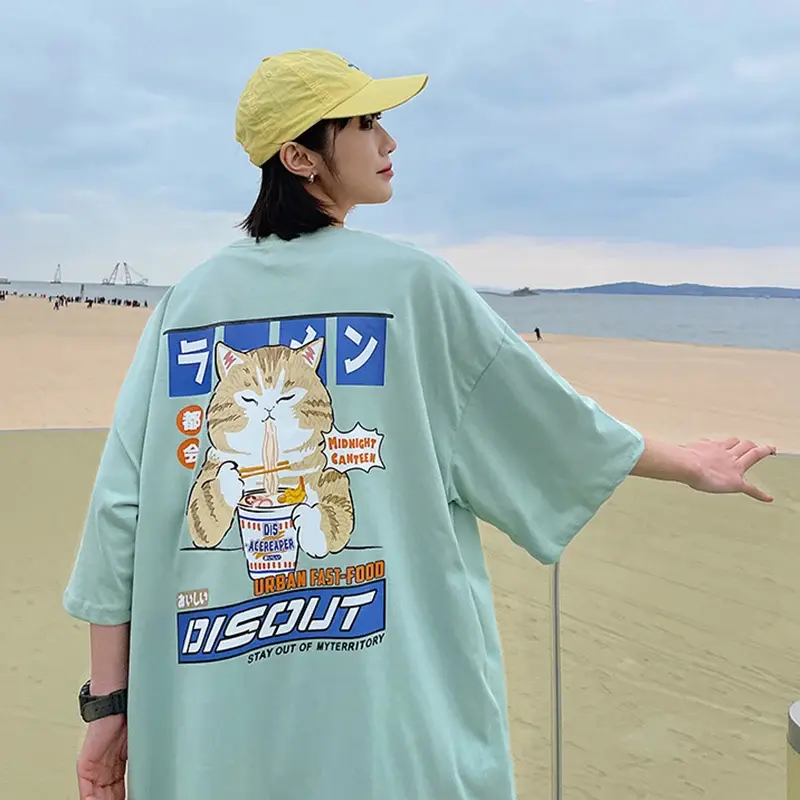 Harajuku Cat Cartoon Eating Noodles Graphic Men Women Tshirts Casual Short Sleeve Tees Japan Style Oversized T Shirt Clothing