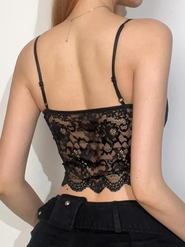 Black See Through Sexy Asymmetrical Goth Lace Camisole Women Rave Baddie Outfits Crop Top Female Slim Sleeveless Streetwear