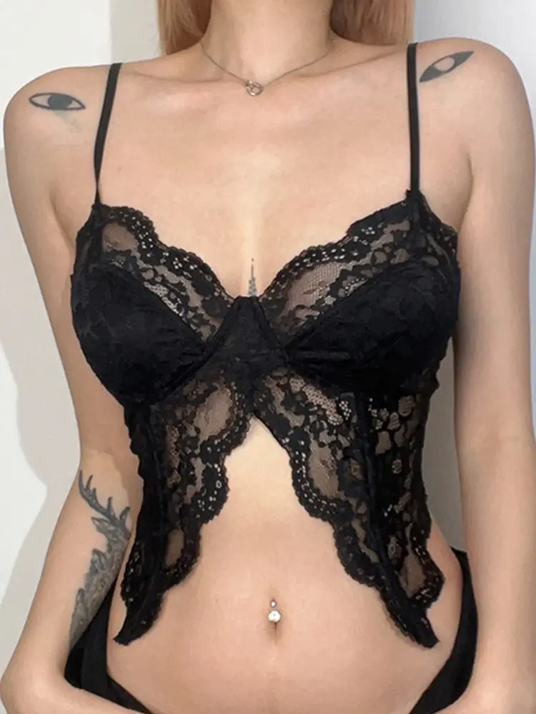 Black See Through Sexy Asymmetrical Goth Lace Camisole Women Rave Baddie Outfits Crop Top Female Slim Sleeveless Streetwear