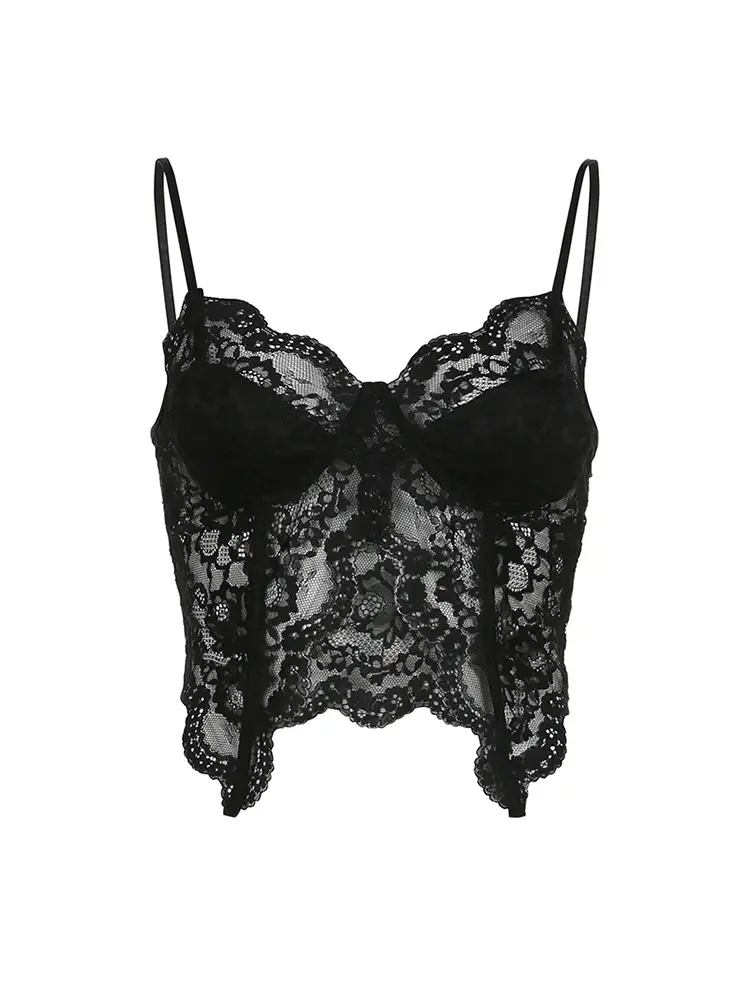 Black See Through Sexy Asymmetrical Goth Lace Camisole Women Rave Baddie Outfits Crop Top Female Slim Sleeveless Streetwear