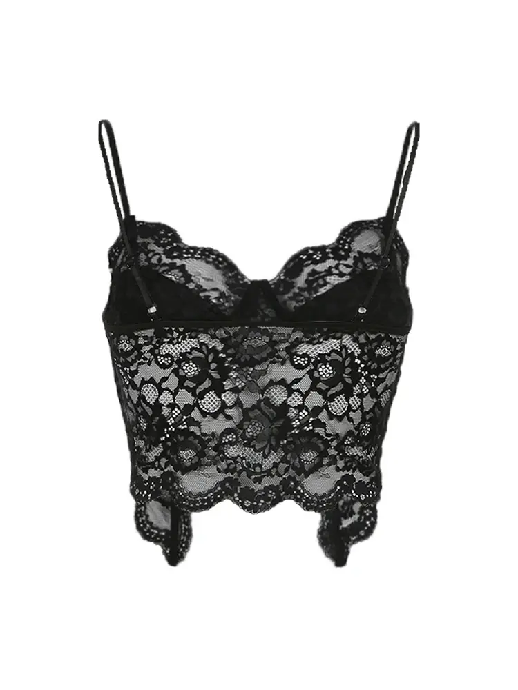 Black See Through Sexy Asymmetrical Goth Lace Camisole Women Rave Baddie Outfits Crop Top Female Slim Sleeveless Streetwear