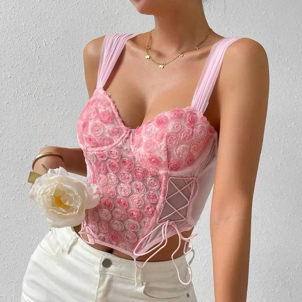 New Sexy Sweet Flower Lace Up Strap Corset Crop Top Lace 3D Rose Flowers Corset Fashion Woman Backless Slim Strappy Vest