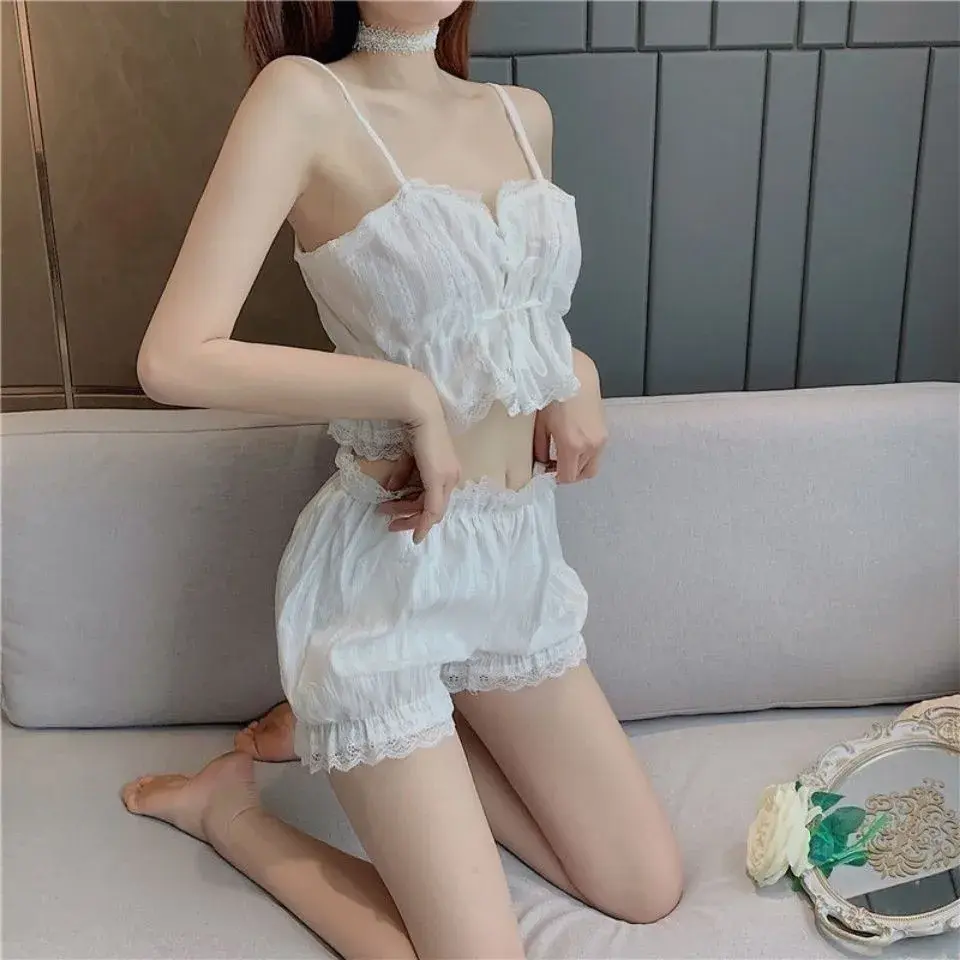 Women's Pajamas Cotton With Shorts Lacy Trim Sleeveless Strap Solid Nightie Home Clothes For Women Sexy Lingerie Sleepwear