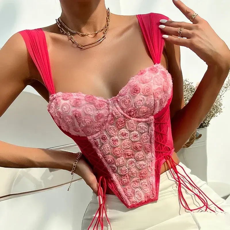 New Sexy Sweet Flower Lace Up Strap Corset Crop Top Lace 3D Rose Flowers Corset Fashion Woman Backless Slim Strappy Vest