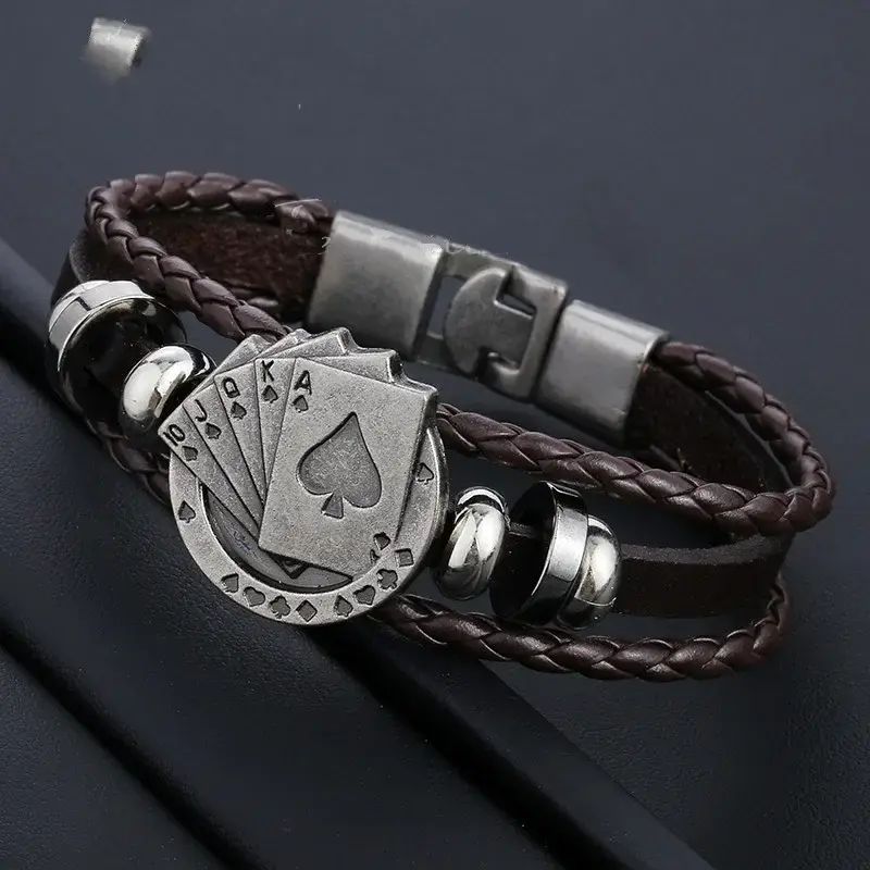 Men's Leather Bracelets Vintage Lucky Poker Card ID Stars Bar Charm Multilayer Strand Bracelet Male Jewelry Gift