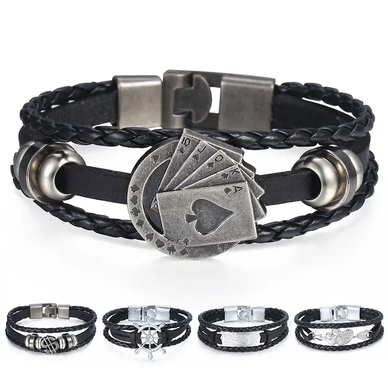 Men's Leather Bracelets Vintage Lucky Poker Card ID Stars Bar Charm Multilayer Strand Bracelet Male Jewelry Gift