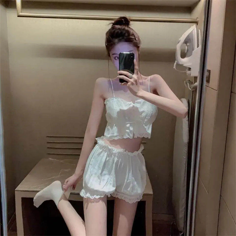 Women's Pajamas Cotton With Shorts Lacy Trim Sleeveless Strap Solid Nightie Home Clothes For Women Sexy Lingerie Sleepwear