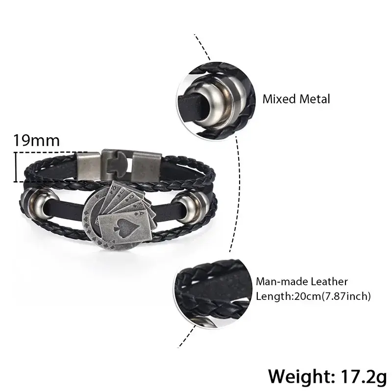 Men's Leather Bracelets Vintage Lucky Poker Card ID Stars Bar Charm Multilayer Strand Bracelet Male Jewelry Gift