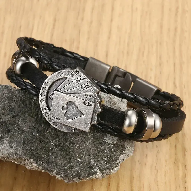 Men's Leather Bracelets Vintage Lucky Poker Card ID Stars Bar Charm Multilayer Strand Bracelet Male Jewelry Gift