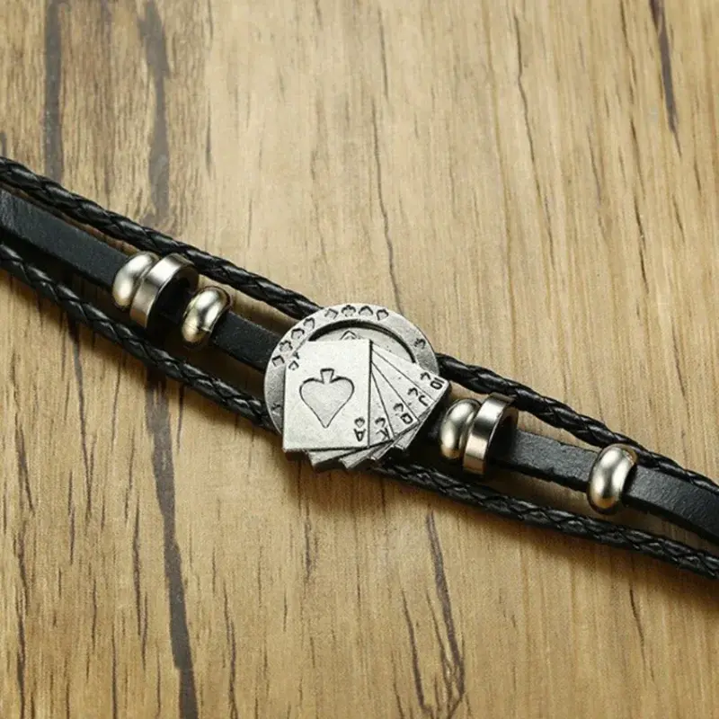 Men's Leather Bracelets Vintage Lucky Poker Card ID Stars Bar Charm Multilayer Strand Bracelet Male Jewelry Gift
