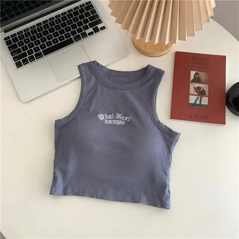 Women's Tank Top Ribbed Knitted Embroidery Letter Vest Female Summer Clothing Crop top White Black Casual Short Tight Sport Tops