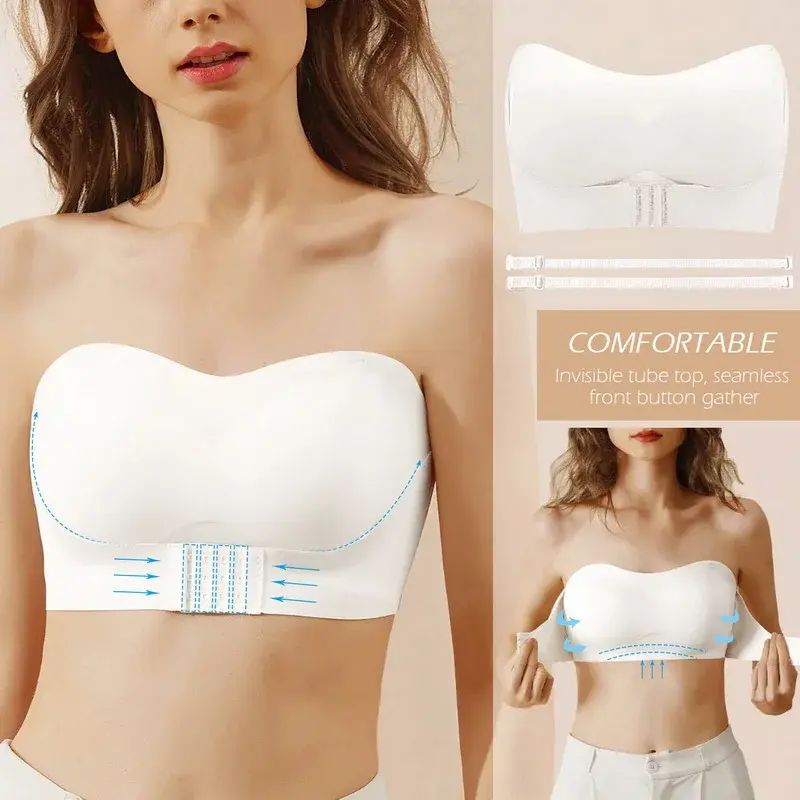 Women's Bras Wire Free Strapless Ultra-Thin Nylon Three Hook-and-eye Front Closure Anti-slip Strips No Chest Pad Gathered Bra