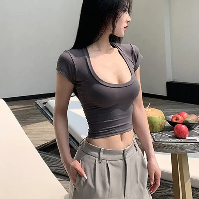 Summer Slim T-Shirt Women Sexy Short Sleeve T Shirt U-Neck Gray Tee Female Solid Basic Black/White Korean Crop Tops Hot Y2k