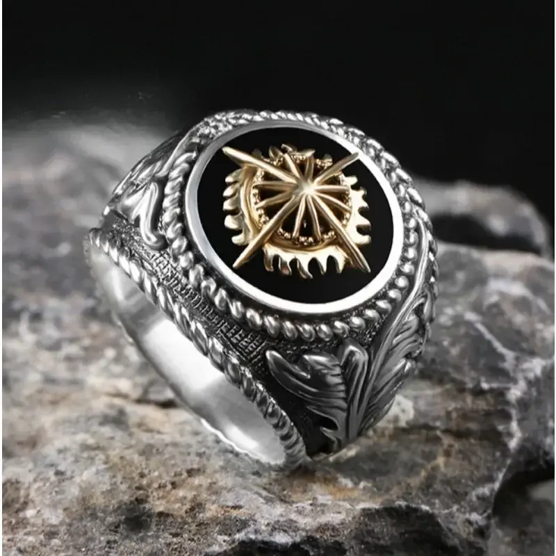 Stainless Steel Viking Cross Compass Runic Pirate Men's Ring HipHop Vintage Finger Accessories Nautical Fashion Boy Jewelry Gift