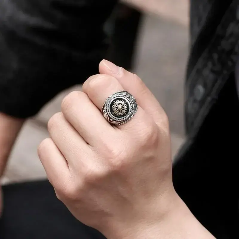 Stainless Steel Viking Cross Compass Runic Pirate Men's Ring HipHop Vintage Finger Accessories Nautical Fashion Boy Jewelry Gift