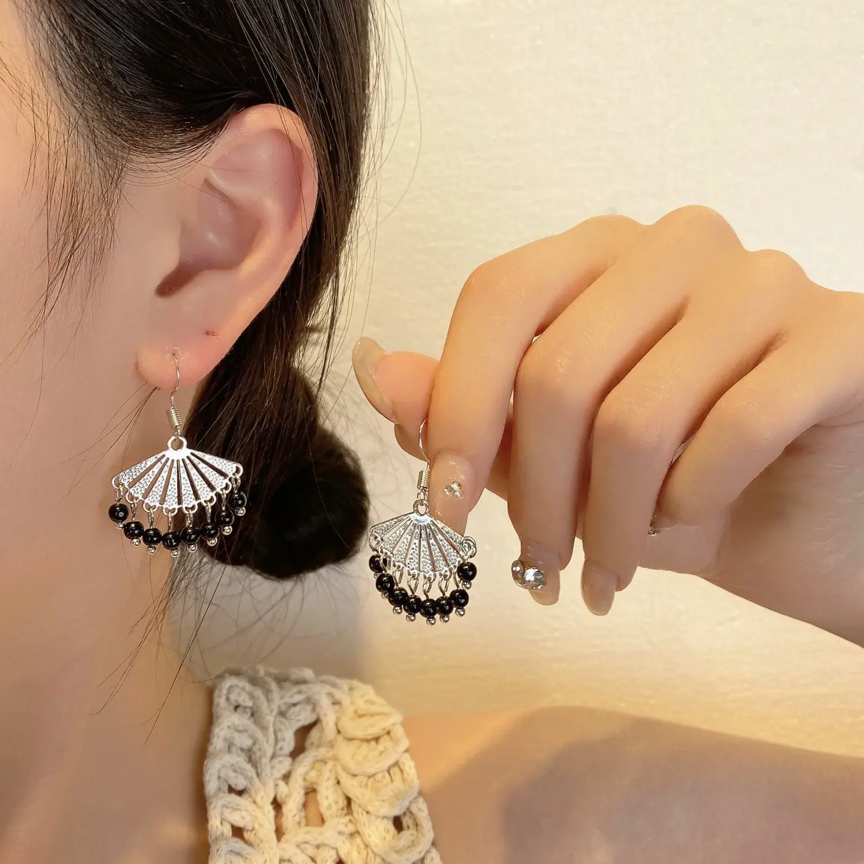 China-Chic Fan Tassel Earrings Women Fashion Retro Versatile Premium Elegant Ancient Lotus Flower Butterfly Moon Ear Accessories