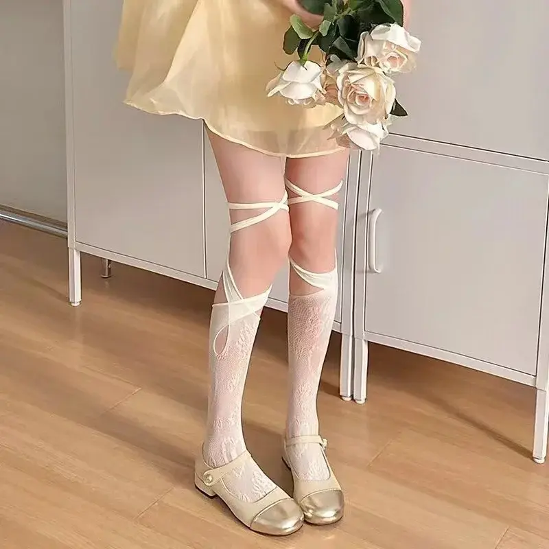 Sexy Tie Lace Fishnet Stockings Irregular Split-toe Calf Socks Women Middle Tube Socks Straps Summer Lace Long Japanese Socks
