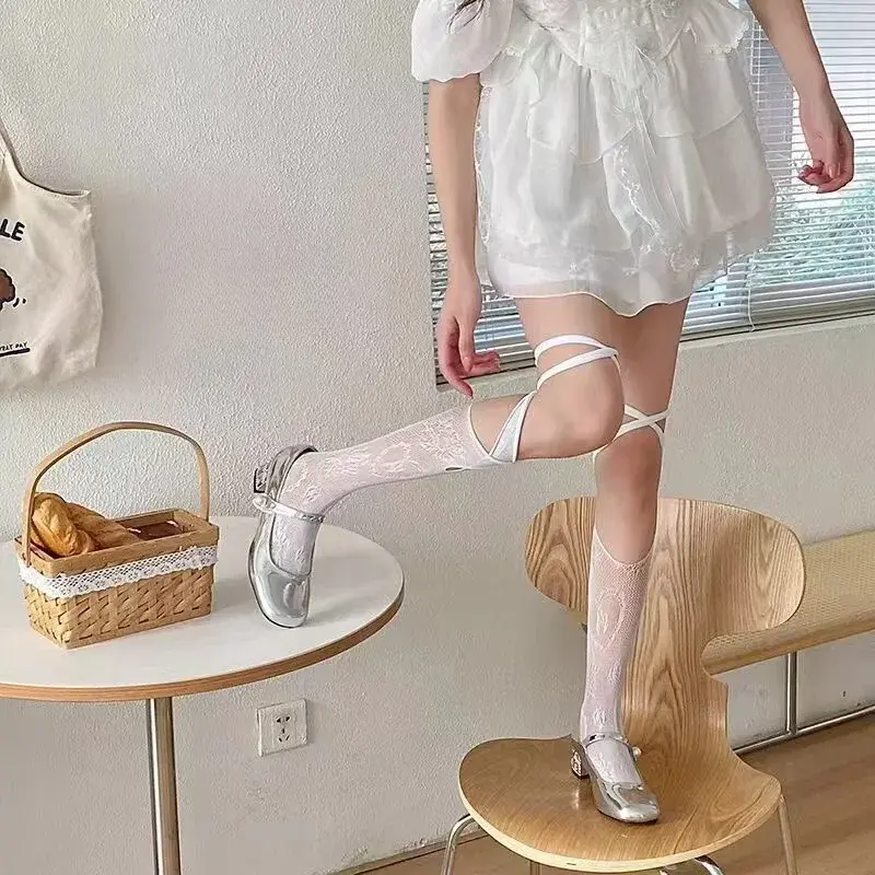Sexy Tie Lace Fishnet Stockings Irregular Split-toe Calf Socks Women Middle Tube Socks Straps Summer Lace Long Japanese Socks