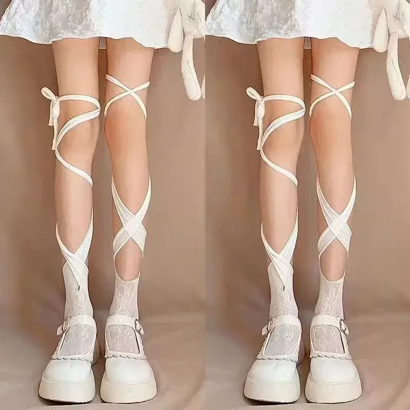 Sexy Tie Lace Fishnet Stockings Irregular Split-toe Calf Socks Women Middle Tube Socks Straps Summer Lace Long Japanese Socks