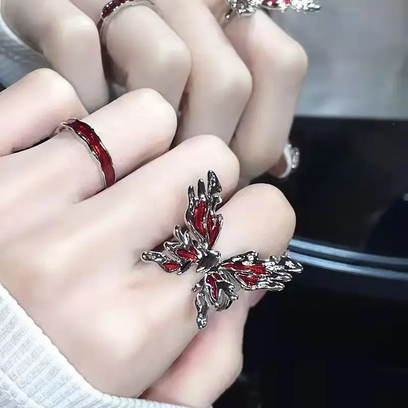 Goth Punk Retro Red Crystal Love Heart Cross Geometry Irregular Open Ring Set Y2K Halloween Accessories For Women Kpop Jewelry