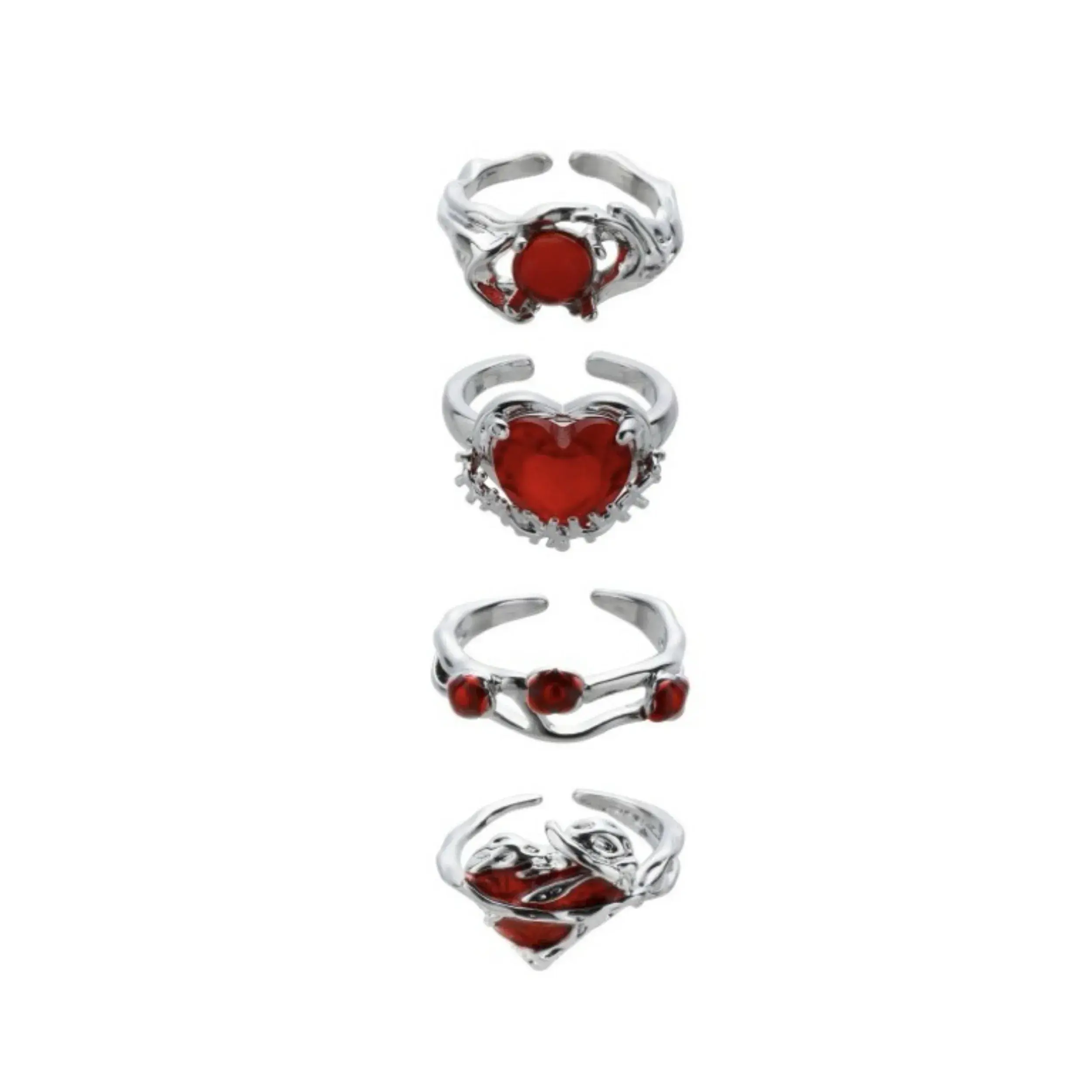 Goth Punk Retro Red Crystal Love Heart Cross Geometry Irregular Open Ring Set Y2K Halloween Accessories For Women Kpop Jewelry
