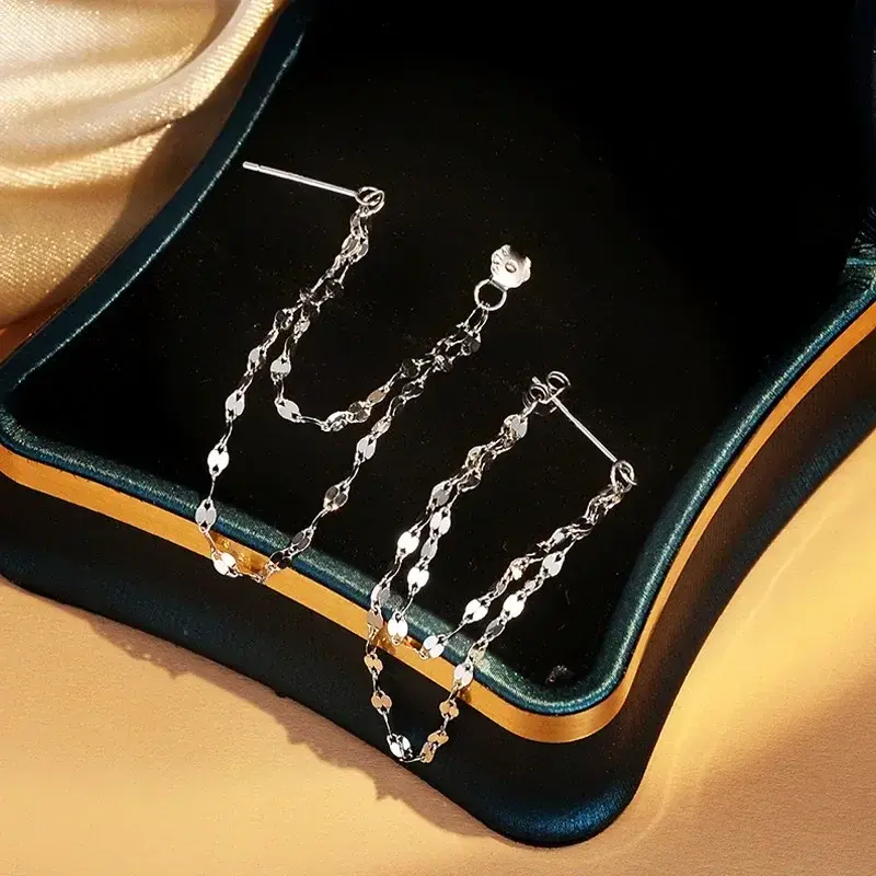 925 Silver Color Lip O Chain Tassel Earrings Women's Rear Hanging Double Chain Earrings Summer Beach Party Jewelry