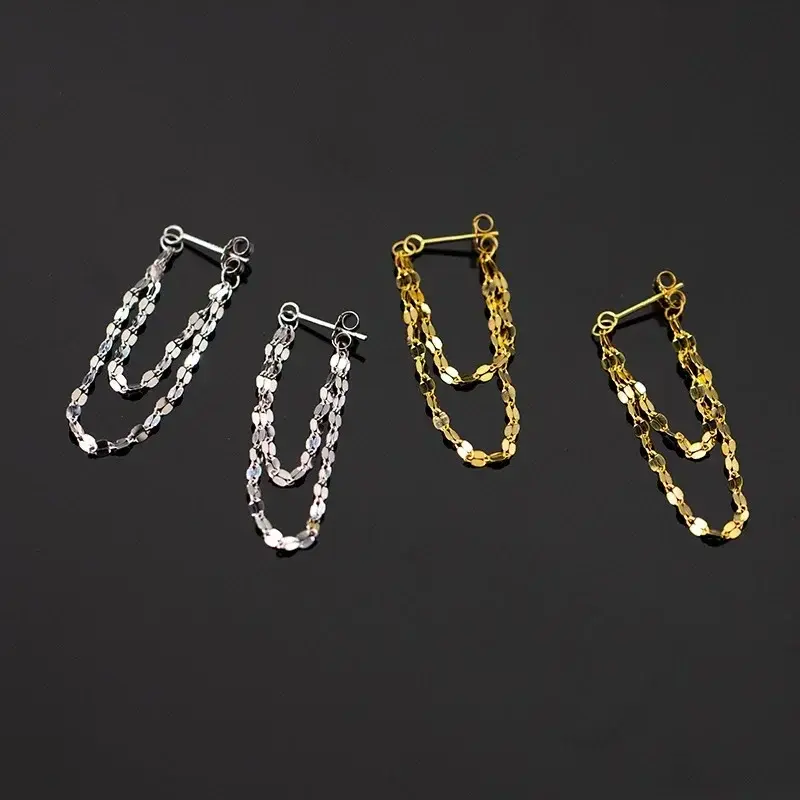 925 Silver Color Lip O Chain Tassel Earrings Women's Rear Hanging Double Chain Earrings Summer Beach Party Jewelry