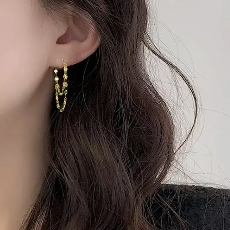 925 Silver Color Lip O Chain Tassel Earrings Women's Rear Hanging Double Chain Earrings Summer Beach Party Jewelry