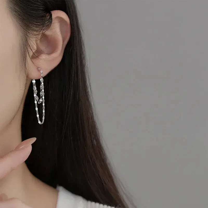 925 Silver Color Lip O Chain Tassel Earrings Women's Rear Hanging Double Chain Earrings Summer Beach Party Jewelry