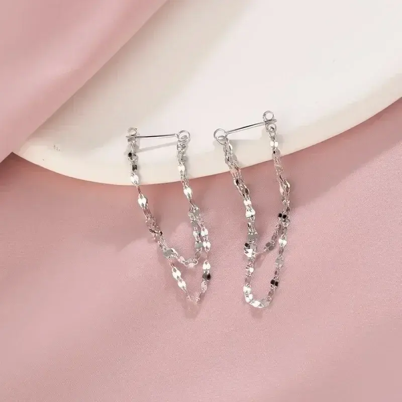 925 Silver Color Lip O Chain Tassel Earrings Women's Rear Hanging Double Chain Earrings Summer Beach Party Jewelry