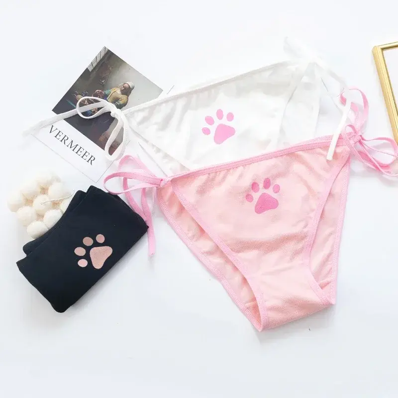Cute Sexy Panties Women Underwear Cat Paw Bowknot Sweet Lovely Women Panties Cotton Anime Lace Up Brief  Thongs Women Sexy