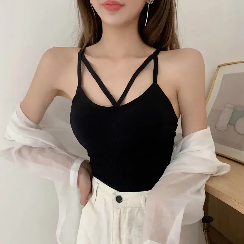 Camisole Women Solid Basic Tank Top Ladies Hollow Out Stretchy Backless Sexy Female Korean All-match Summer Knit Chic Strap