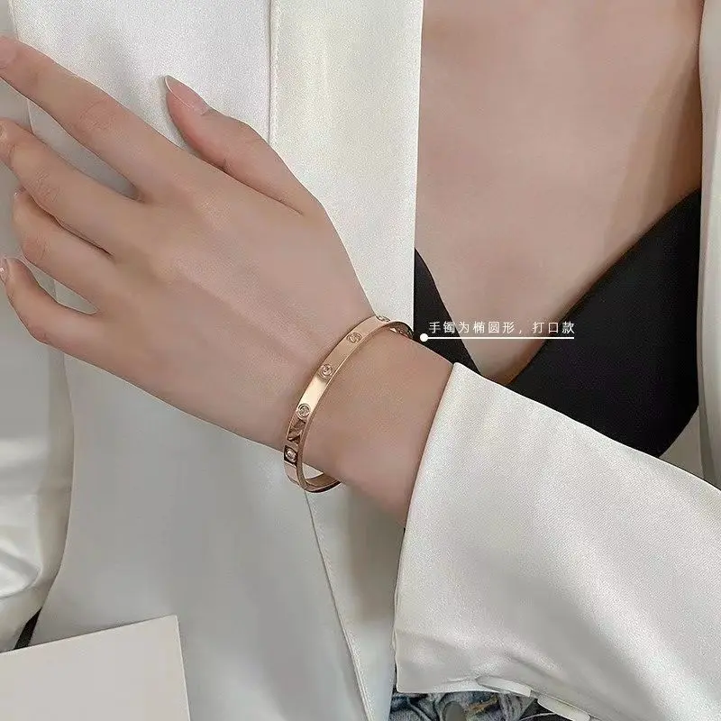 Luxury LOVE Crystal 6mm Thickness Bangles High Quality PVD Stainless Steel Oval Bracelet No Fade Jewelry for Women Gift