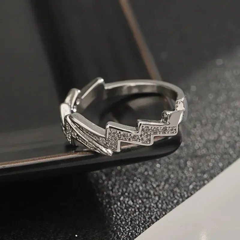 Punk Hip Hop Silver Color Zircon Lightning Open Rings for Men Fashion Jewelry Gift Creative Adjustable Ring Trendy Couple Rings