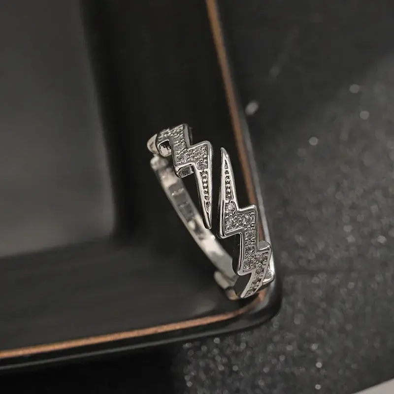 Punk Hip Hop Silver Color Zircon Lightning Open Rings for Men Fashion Jewelry Gift Creative Adjustable Ring Trendy Couple Rings