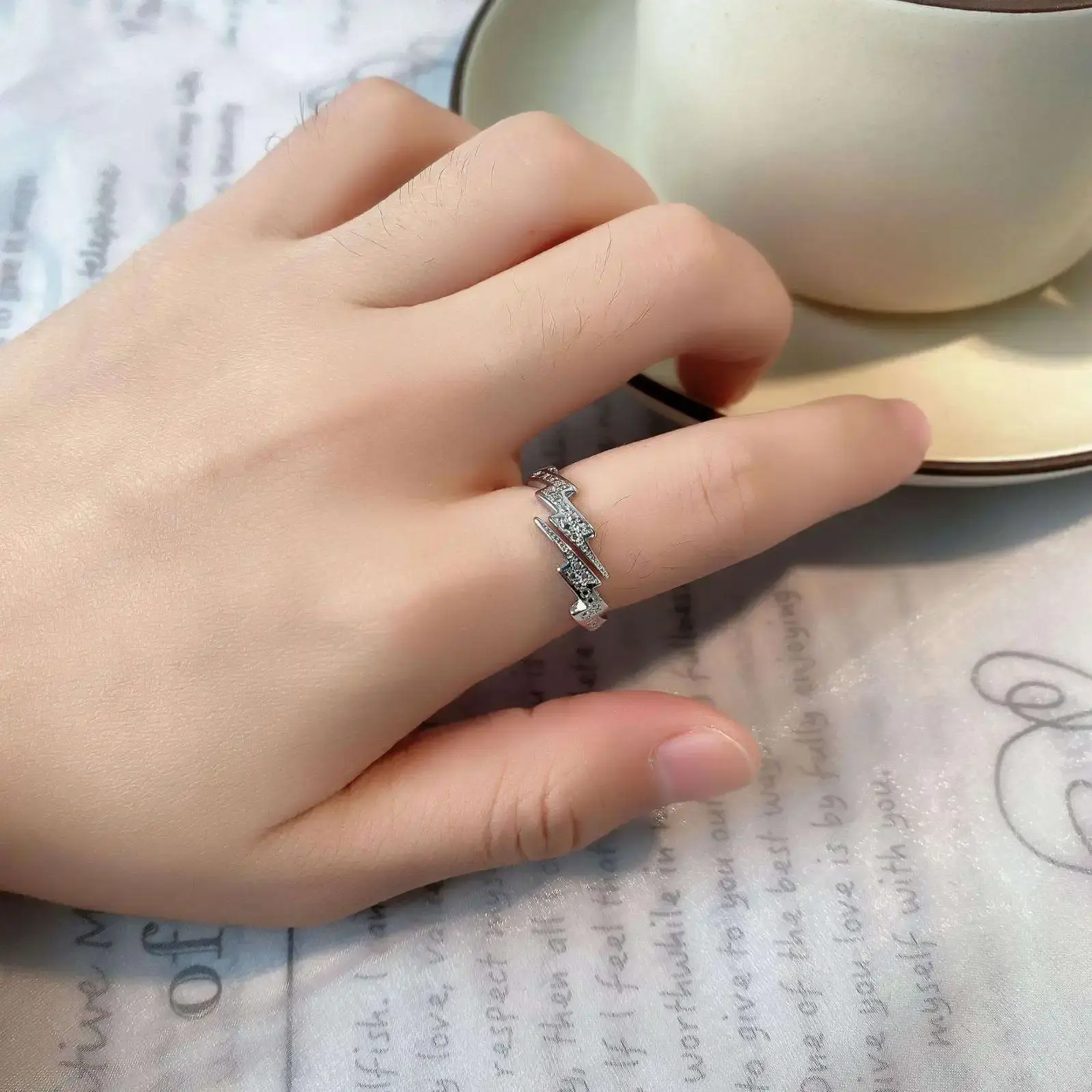 Punk Hip Hop Silver Color Zircon Lightning Open Rings for Men Fashion Jewelry Gift Creative Adjustable Ring Trendy Couple Rings