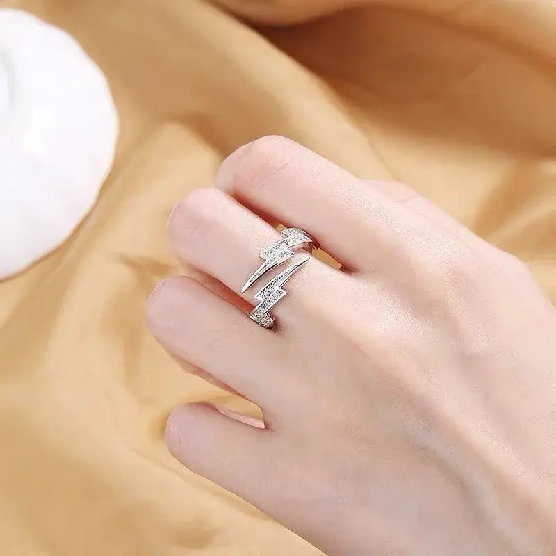 Punk Hip Hop Silver Color Zircon Lightning Open Rings for Men Fashion Jewelry Gift Creative Adjustable Ring Trendy Couple Rings