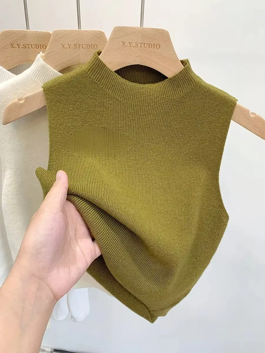 Spring Autumn Temperament Knitted Sweater Vest Women's Half-turtleneck Camisole Cropped Top Sleeveless Tank Top