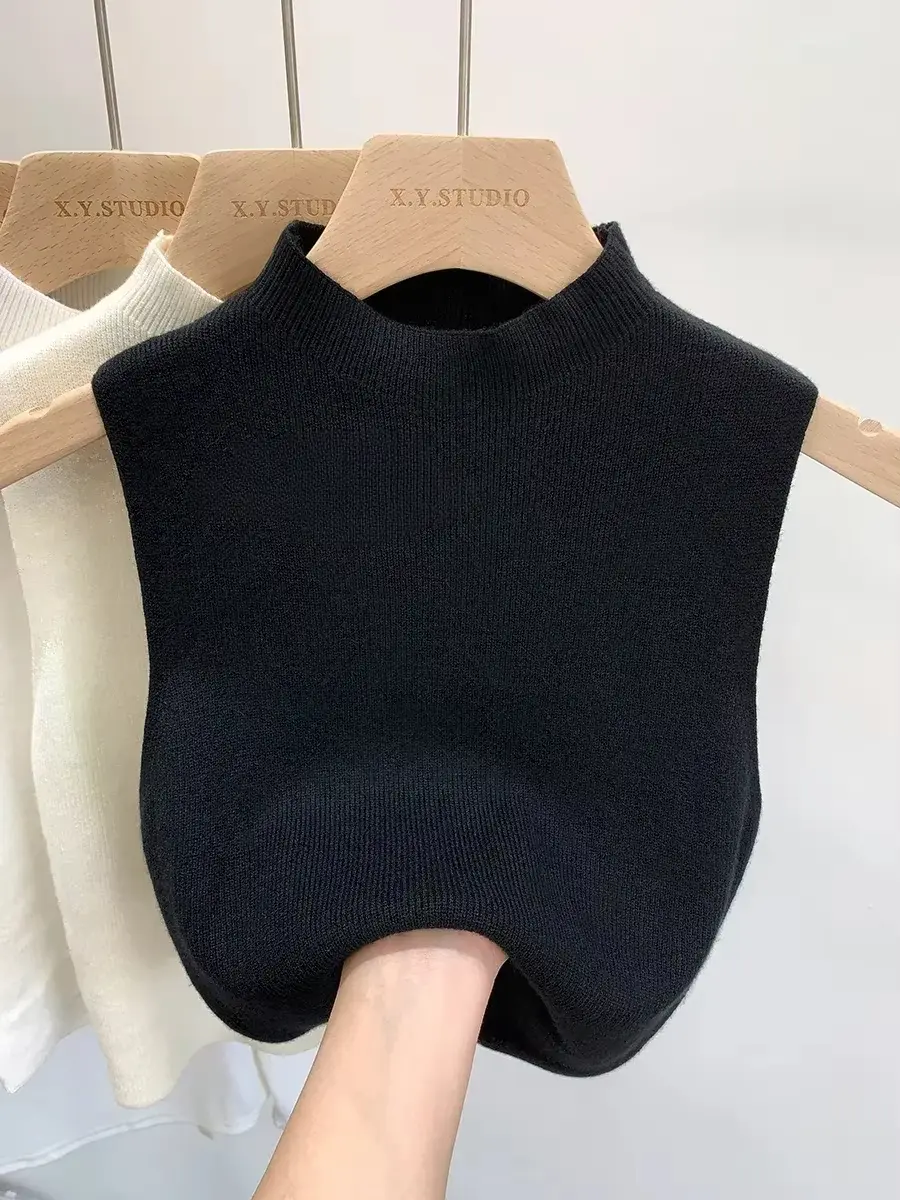 Spring Autumn Temperament Knitted Sweater Vest Women's Half-turtleneck Camisole Cropped Top Sleeveless Tank Top